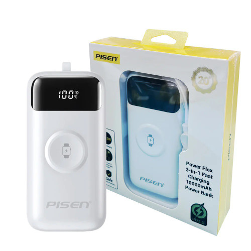 Pisen Flex 22.5W CCC-Certified 10K (10000mAh) Power Bank + Integrated Cable (Lightning + USB-C) + Watch Wireles Charging - White, 2 Years Warranty
