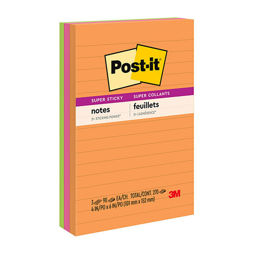 Post-It Super Sticky Lined Notes 660-Super Sticky-1PK 101x152mm Rio/Energy Boost Box of6 have 2X the sticking power. They stick to vertical and hard-to-stick surfaces. Reliably sticks and removes cleanly. Not recommended for use on paper.