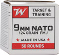 Winchester 9mm Luger 124gr Full Metal Jacket (FMJ) ammunition