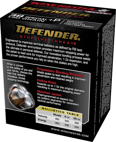 Winchester Defender .38 Special +p 130 Grain Bonded Jacketed Hollow Point (JHP)