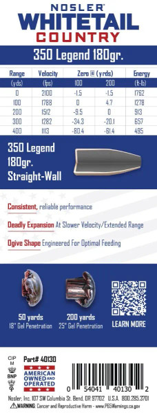 NOSLER .350 Legend 180gr Soft Point ammunition