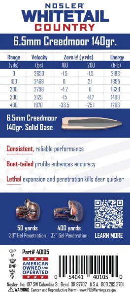 NOSLER 6.5mm Creedmoor 140gr Soft Point ammunition
