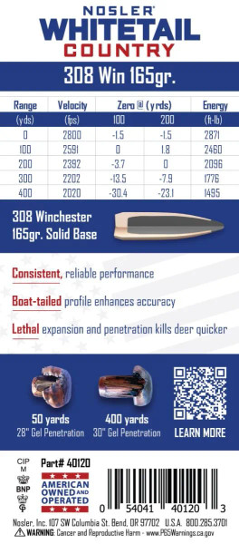 NOSLER .308 Winchester 165gr Soft Point ammunition