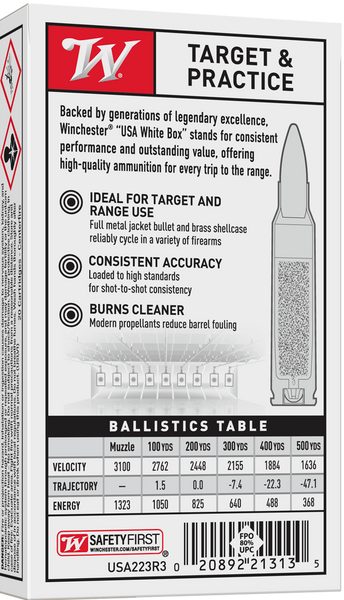 Winchester .223 Remington 62gr Full Metal Jacket (FMJ) ammunition