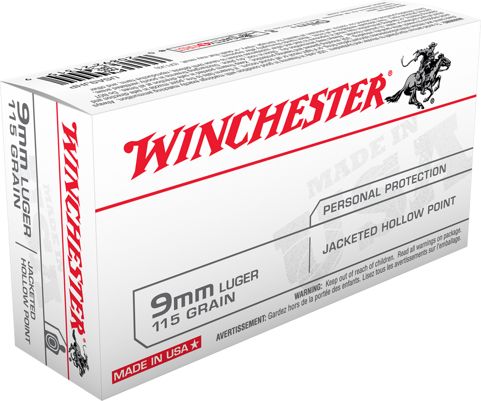 Winchester 9mm Luger 115gr Jacketed Hollow Point (JHP) ammunition