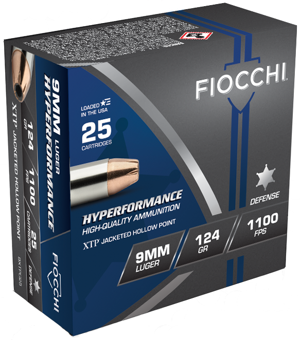 Fiocchi 9mm Luger 124gr Jacketed Hollow Point (JHP) ammunition