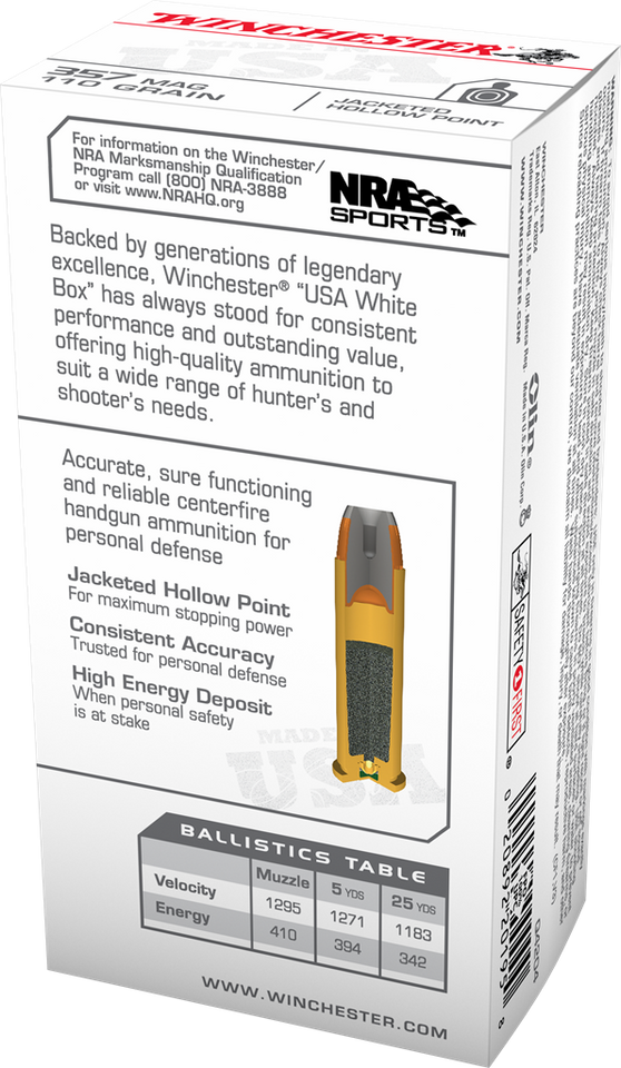 Winchester .357 Magnum 110gr Jacketed Hollow Point (JHP) ammunition