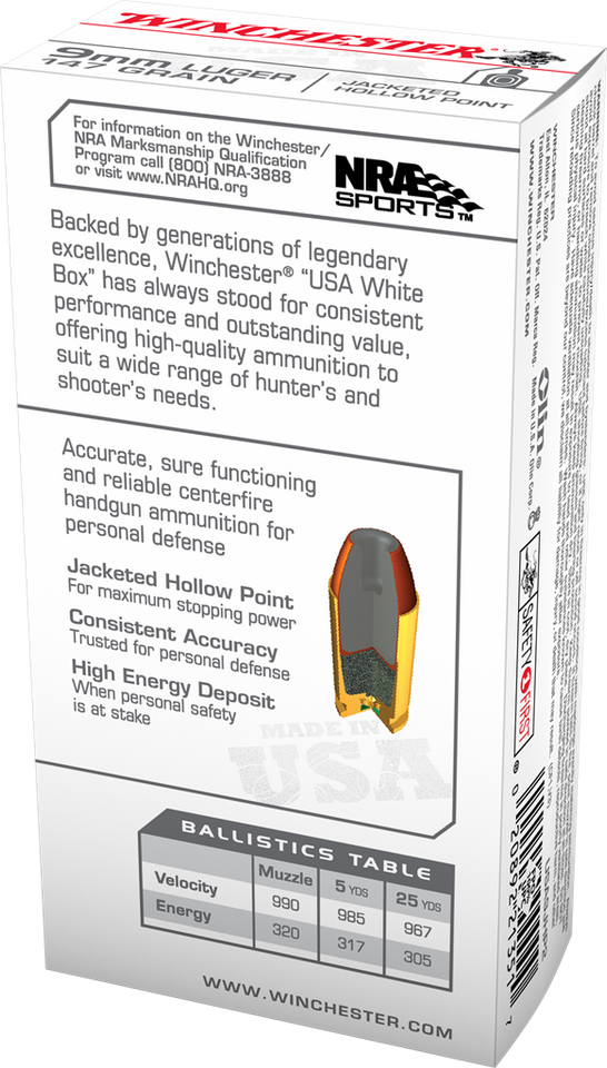 Winchester 9mm Luger 147gr Jacketed Hollow Point (JHP) ammunition