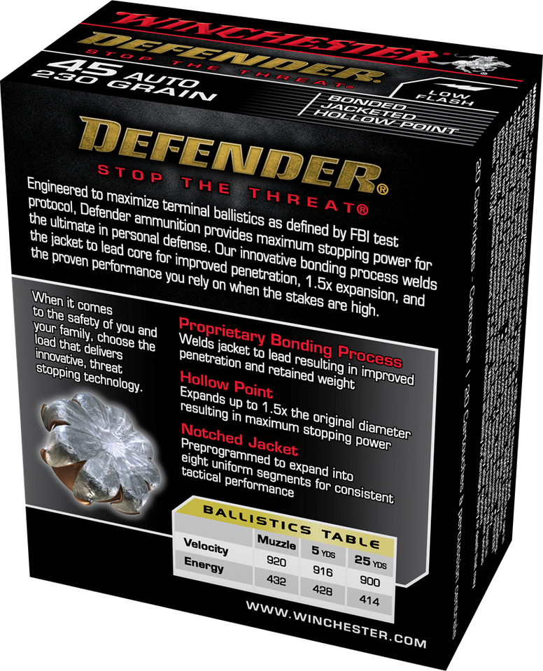 Winchester .45 ACP 230gr Jacketed Hollow Point (JHP) ammunition