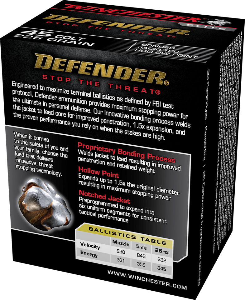 Winchester Defender .45 Colt 225 Grain Bonded Jacketed Hollow Point (JHP)