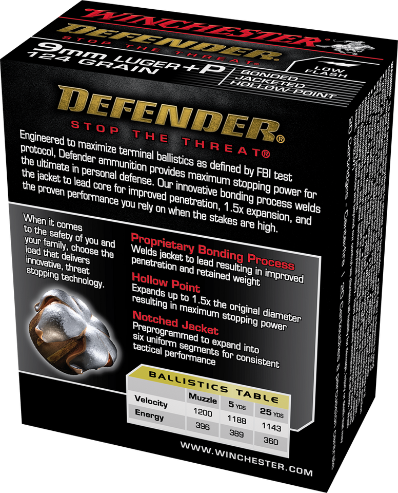 Winchester Defender 9mm +p 124 Grain Bonded Jacketed Hollow Point