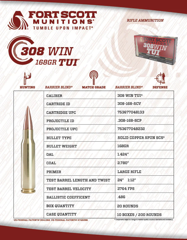 Fort Scott Munitions .308 Winchester 168gr Solid ammunition