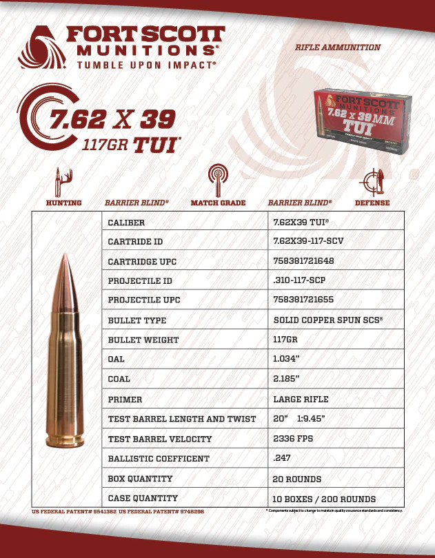 Fort Scott Munitions 7.62x39mm 117gr Solid ammunition