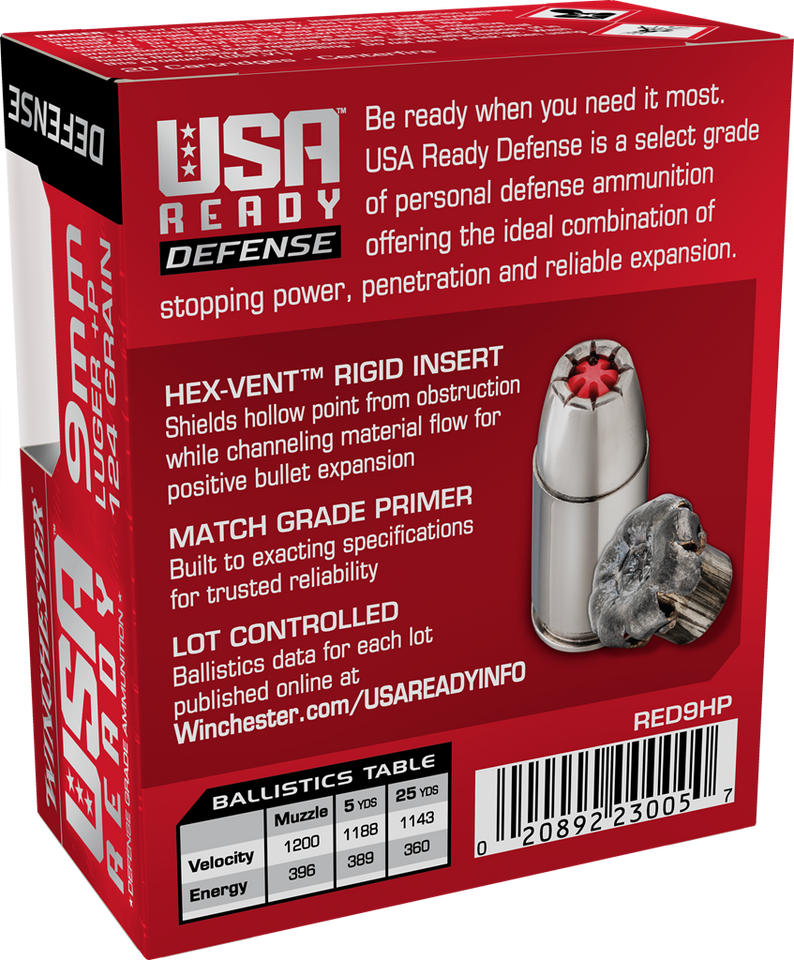 Winchester 9mm Luger 124gr Hollow Point (HP) ammunition