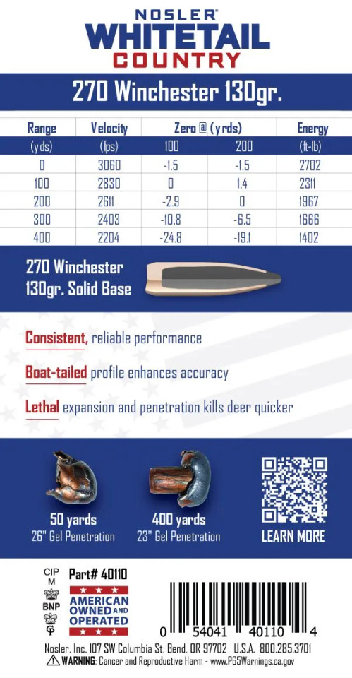 Nosler Whitetail Country 270 Win 130 Grain Soft Point