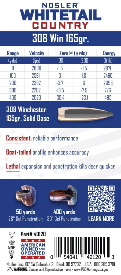 NOSLER .308 Winchester 165gr Soft Point ammunition