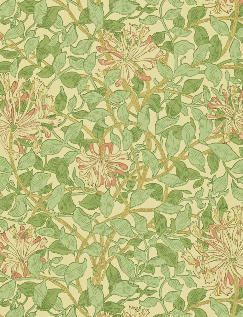 Morris & Co. Honey Suckle Wallpaper, Green Beige Pink Swatch