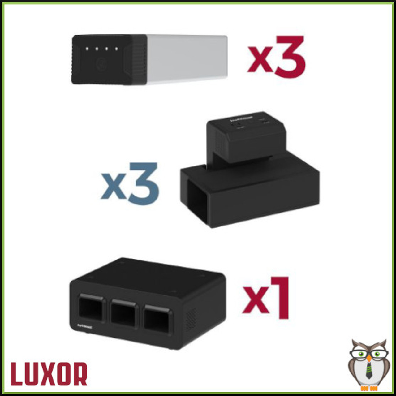 Luxor KwikBoost EdgePower® Desktop Charging Station System - Light Use Bundle - 1 3-Bay Base Charging Station, 3 Clamp-On Desktop Charging Units, 3 Rechargeable Batteries