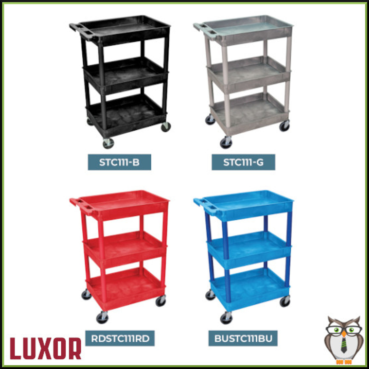 Luxor 3 Shelf Plastic Utility Tub Cart (39" x 24") (STC111) - Color Options