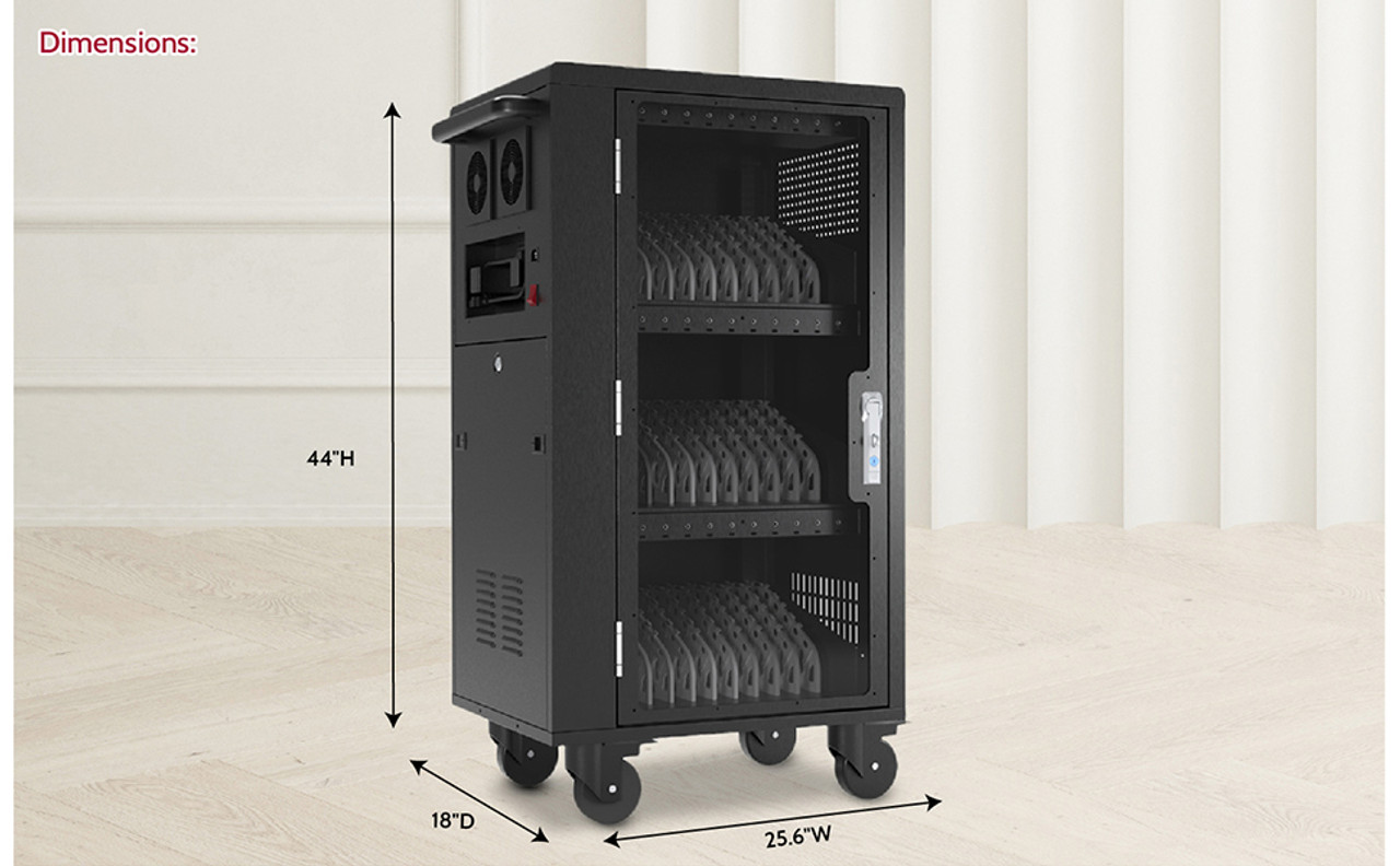 FEATURES:

Accommodates tablets and most laptops with up to 15” screens
USB-C outlets are conveniently located above each storage slot for easy access to power and less cable clutter
Eliminates the need for bulky power bricks
Compatible with user-provided cords, or users can choose the optional 30-pack of USC-C to USB-C cords
Divider fins feature integrated cable guides
Comfortable push handle
Durable powder-coated steel construction
Commercial-grade 4” full-swivel casters, two with locking brakes
See-through panel on front door
Dual fans and ventilated sides help keep devices cool
Includes a front locking door and two keys
45 watts per port of power delivery
cULus-listed electrical components
No assembly required

DIMENSIONS:

Overall: 25.6” W x 18” D x 44” H
Divider slots: 1-1/8” W x 15” D x 10” H
Divider fins: 0.25” W x 11” D x 6” H
Handle: 13.5” W x 2.25” D