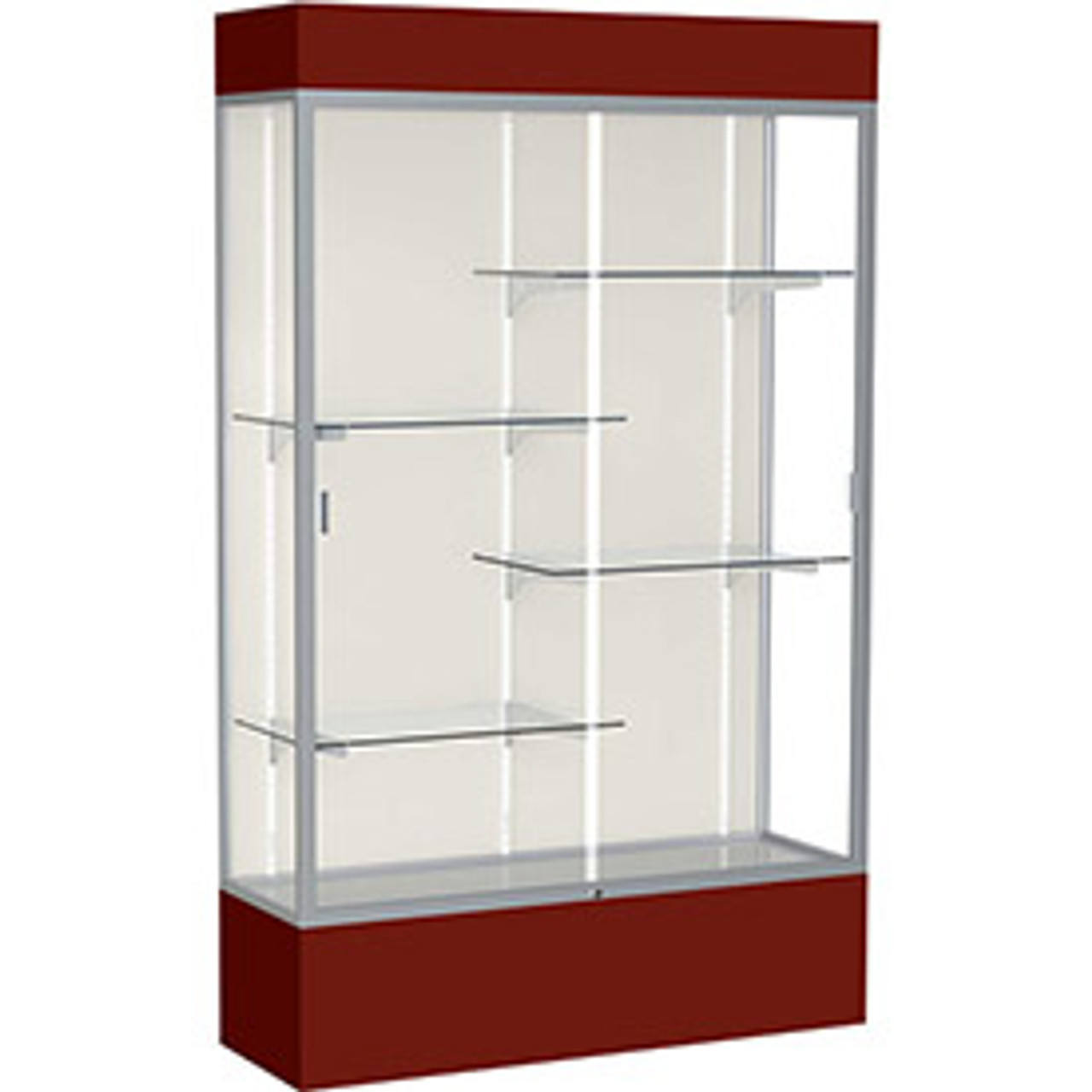 Spirit  48"W x 80"H x 16"D  Lighted Floor Case, Plaque Back, Satin Finish, Maroon Base and Top