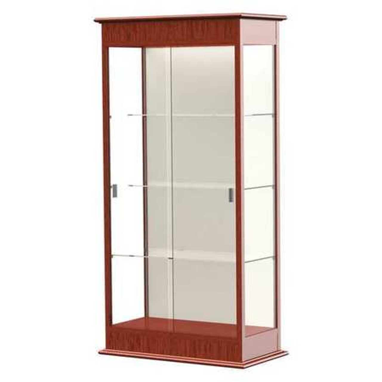 Varsity  36"W x 77"H x 18"D  Lighted Floor Case, Sliding Doors, Plaque Back, Cherry Oak Finish