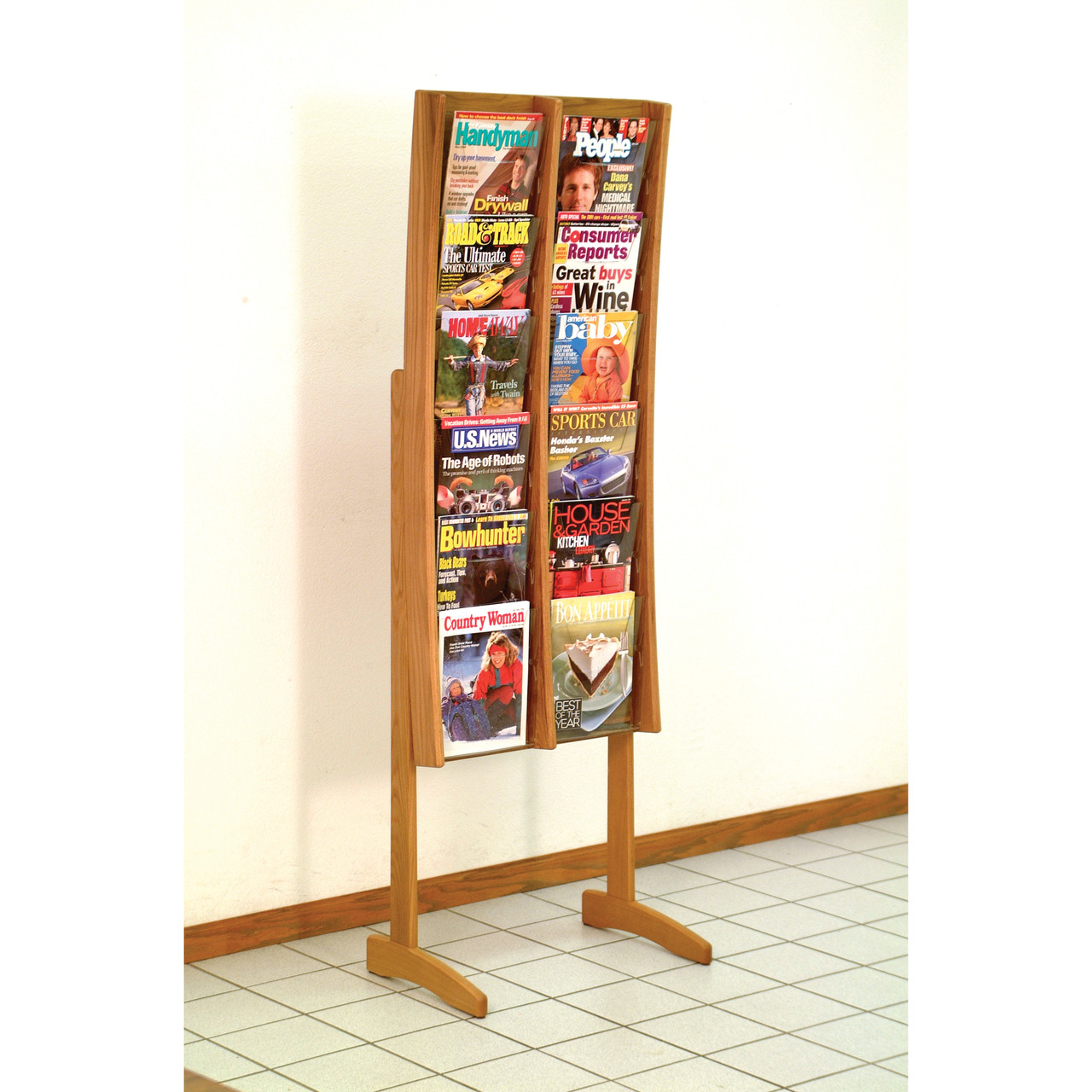 Wooden Mallet Stance 12 Pocket Curved Floor Display, 2Wx6H, Black/Medium Oak