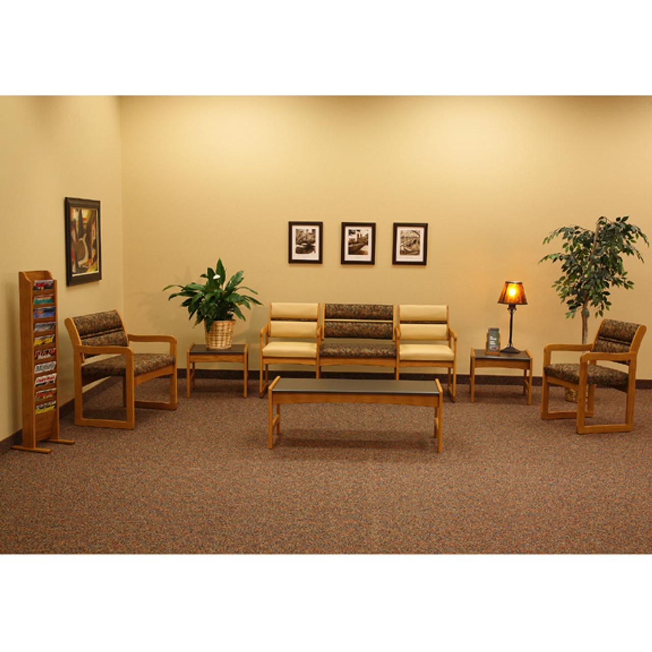 Wooden Mallet Valley Collection Three Seat Bariatric Chair, Center Arms, Standard Leg, Leaf Blue, Medium Oak