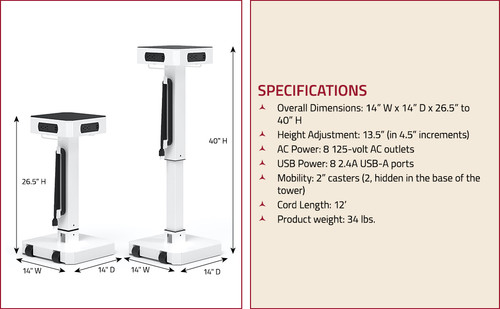 Luxor LuxPower Mobile AC and USB Charging Tower with 8 USB Charging Ports, 8 AC Outlets - White, 14" W x 14" D x 40" H