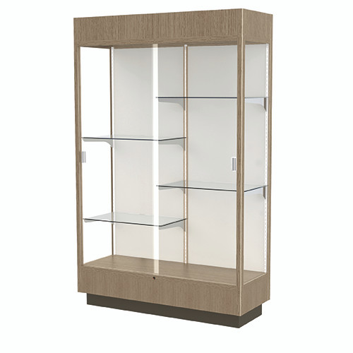 Heritage  48"W x 76"H x 18"D  Floor Case, Plaque Back, Driftwood Oak Finish w/ Lighted Cornice Heritage  48"W x 76"H x 18"D  Floor Case, Plaque Back, Driftwood Oak Finish w/ Lighted Cornice