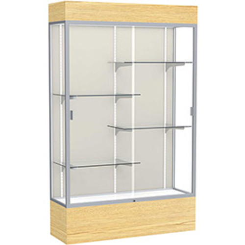 Reliant   48"W x 80"H x 16"D  Lighted Floor Case, Plaque Back, Satin Finish,  Lt. Oak Vinyl Base