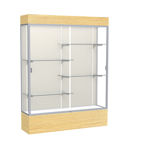 Reliant   60"W x 80"H x 16"D  Lighted Floor Case, Plaque Back, Satin Finish,  Lt. Oak Vinyl Base Reliant   60"W x 80"H x 16"D  Lighted Floor Case, Plaque Back, Satin Finish,  Lt. Oak Vinyl Base