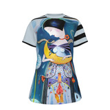Blue girl holding the moon Women's Round Neck T-Shirt Cotton