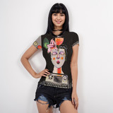 Black typewriter Short Sleeve Mesh Top