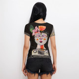 Black typewriter Short Sleeve Mesh Top