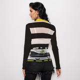 Medusa driving a Cadillac long sleeve mesh top