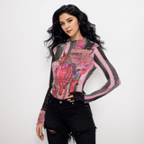 Stripey heart long sleeve mesh top