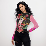 Winged Goddess Black Long Sleeve Mesh Top