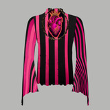 Pink stripe bell sleeve mesh top