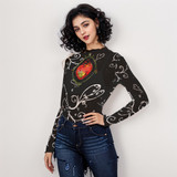 Black white pinky sacred heart long sleeve mesh top