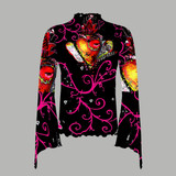 Pink wiggle heart bell sleeve mesh top