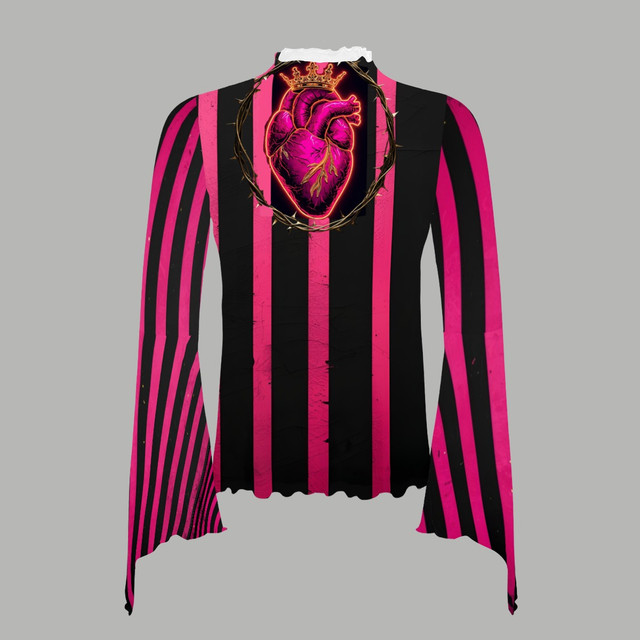 Pink stripe bell sleeve mesh top