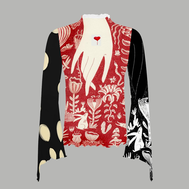 Red rabbit bell sleeve mesh top