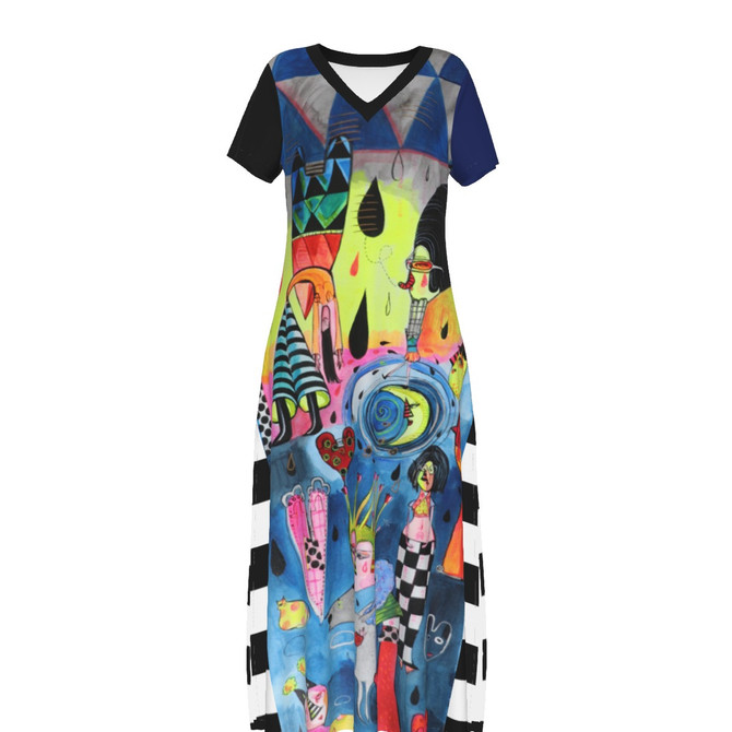 Indigo graffiti Women's V-neck Dress With Side Slit