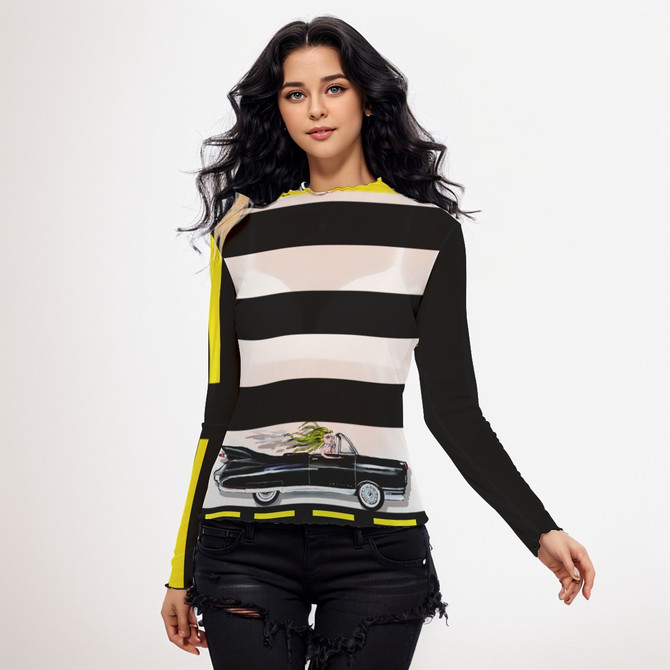 Medusa driving a Cadillac long sleeve mesh top