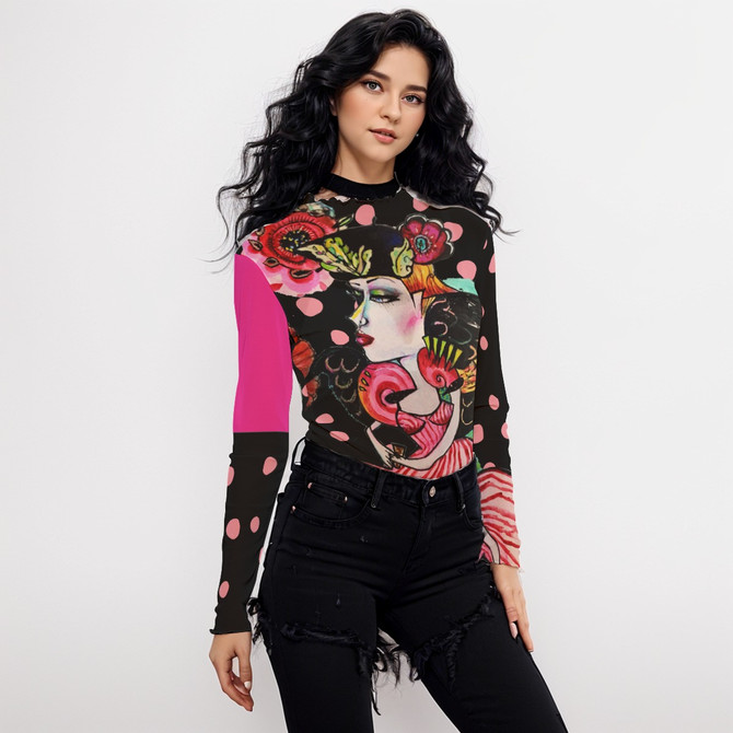 Winged goddess long sleeve mesh top
