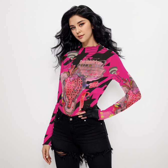 Magenta Heart Long Sleeve Mesh Top