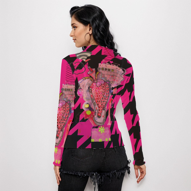 Magenta Heart Long Sleeve Mesh Top