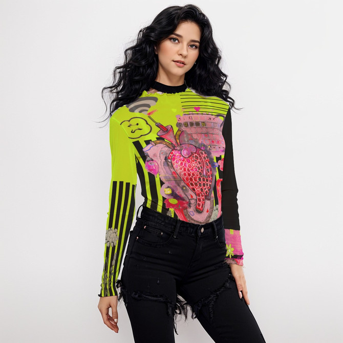 Chartreuse Heart Long Sleeve Mesh Top