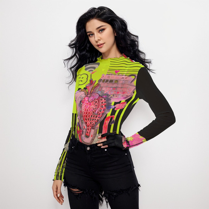 Chartreuse Heart Long Sleeve Mesh Top